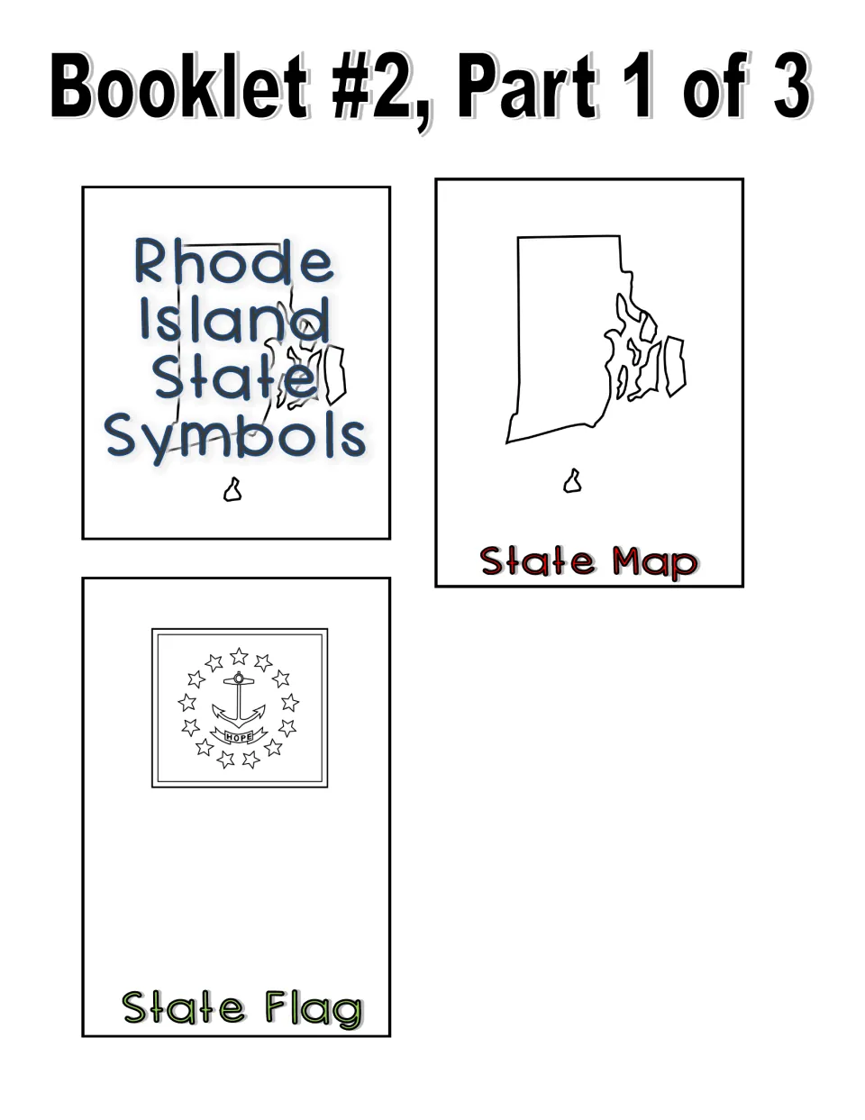 Black-and-white booklet cut-out pieces, part 1 of 3: outline title page, state map outline and anchor flag to color