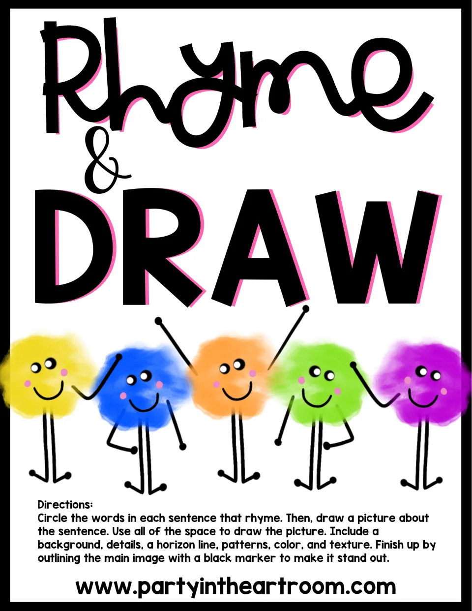 Title and directions: students circle the rhyming words in each sentence, then draw a detailed, colored scene