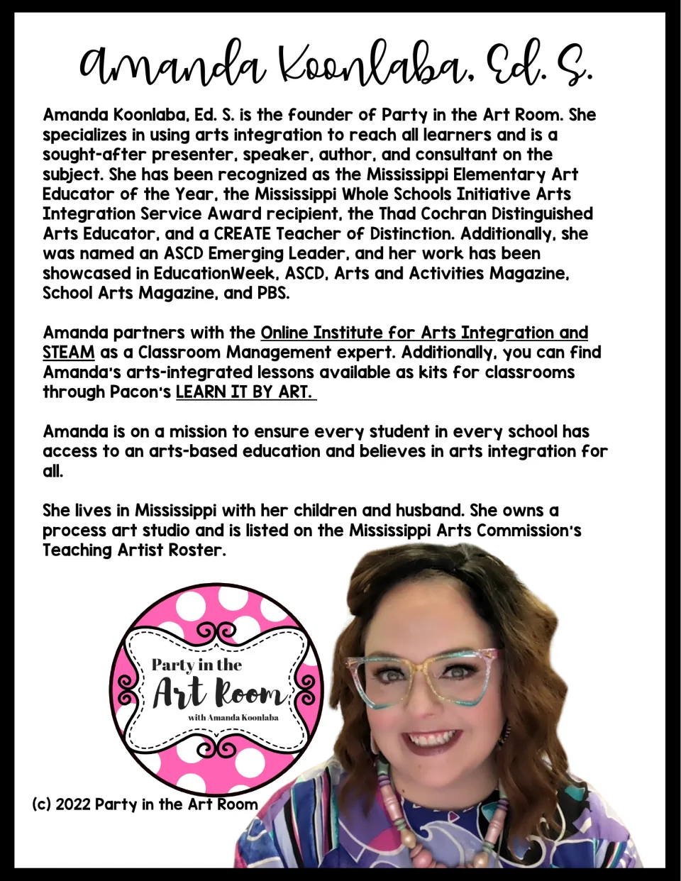 About the author: biography of Amanda Koonlaba, Ed. S., founder of Party in the Art Room, with her photo and logo