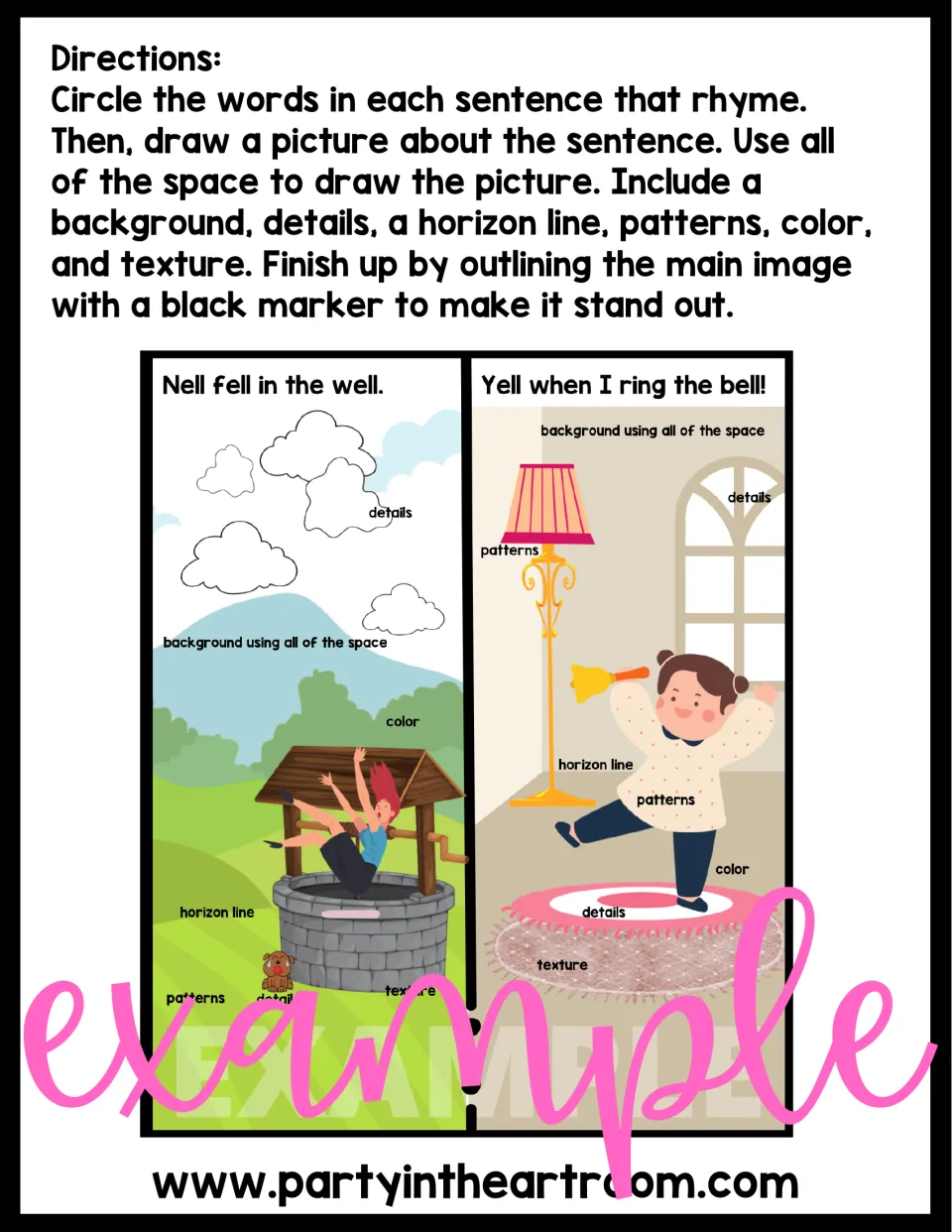 Directions and color model: 'Nell fell in the well' and 'Yell when I ring the bell!' drawn with art elements labeled