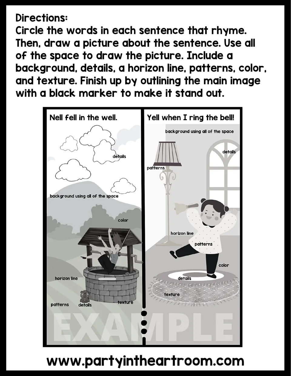Grayscale directions and model drawings of a girl falling in a well and a child ringing a bell, art elements labeled