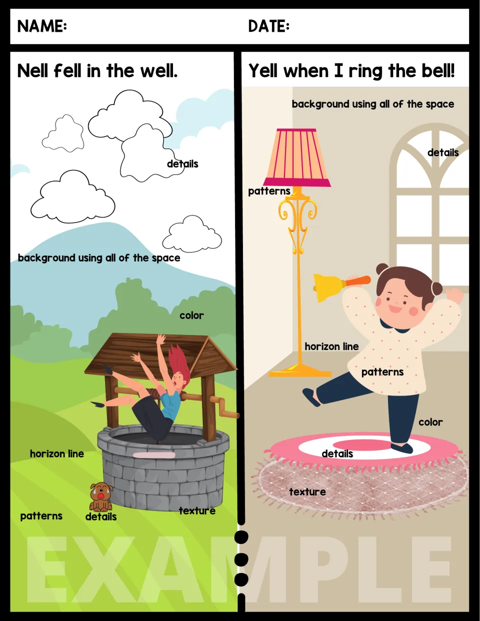 Full-size color example of the well and bell rhyming sentences, labeled to show background, horizon line, texture and more