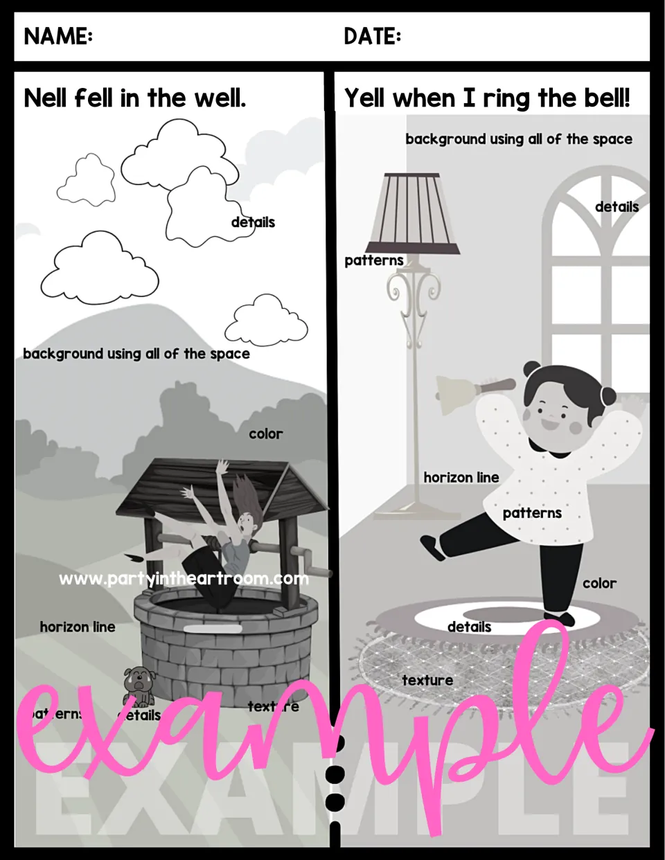 Black-and-white example of the Nell and bell sentences with labeled art elements, marked 'example' across the bottom