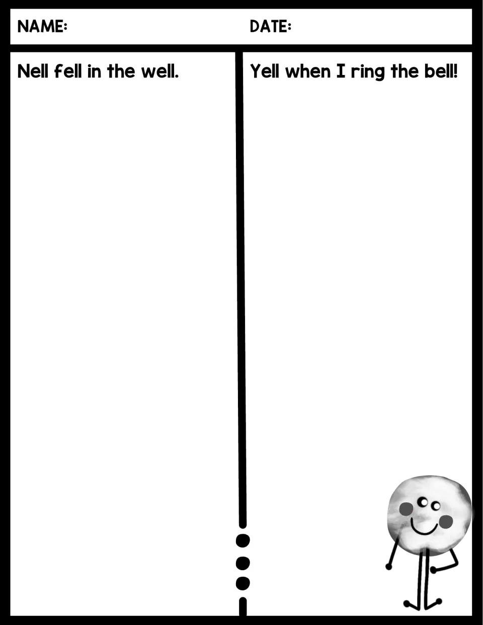 Rhyming sentences 'Nell fell in the well.' and 'Yell when I ring the bell!': students circle -ell rhymes and draw each one