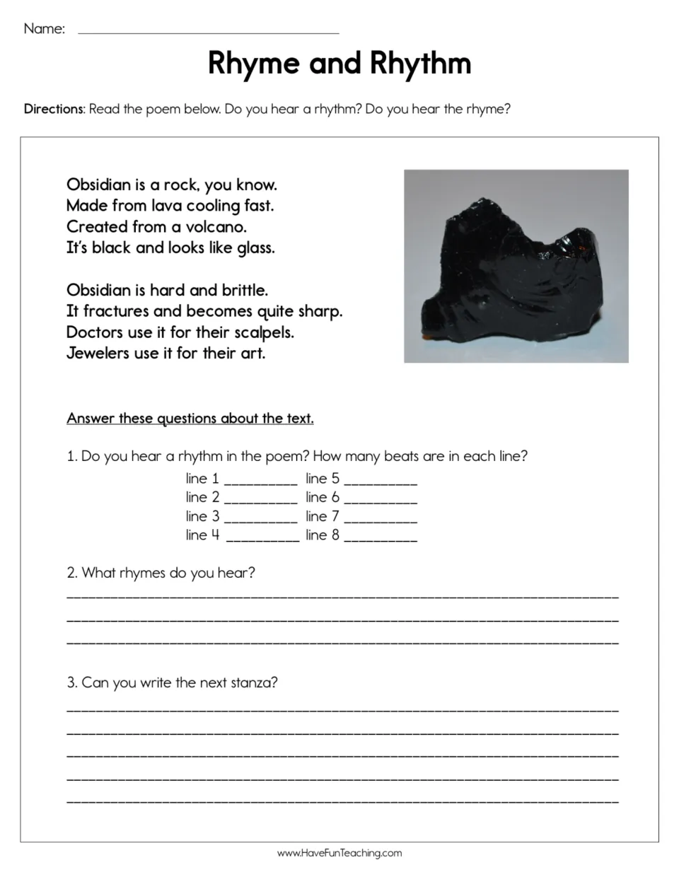 Poetry worksheet: two stanzas about obsidian, with questions on beats, rhyming words, and a new stanza.