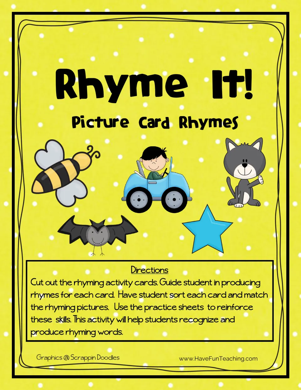 Rhyme It! Picture Card Rhymes cover showing a bee, car, cat, bat and star, with directions to sort and match rhyming cards