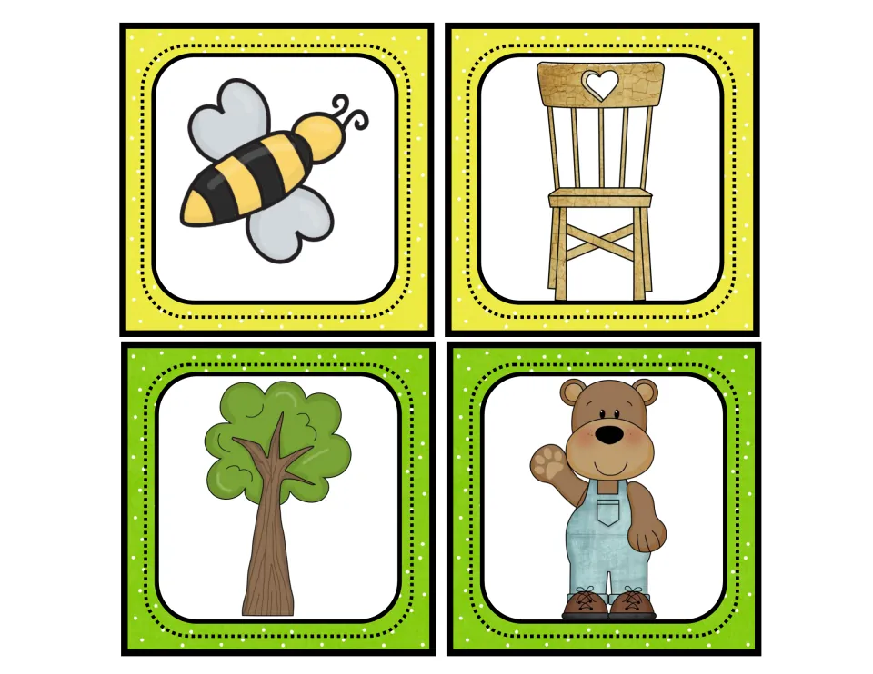 Rhyming picture cards to cut out: bee, chair, tree and bear, giving two rhyming pairs for students to say and match