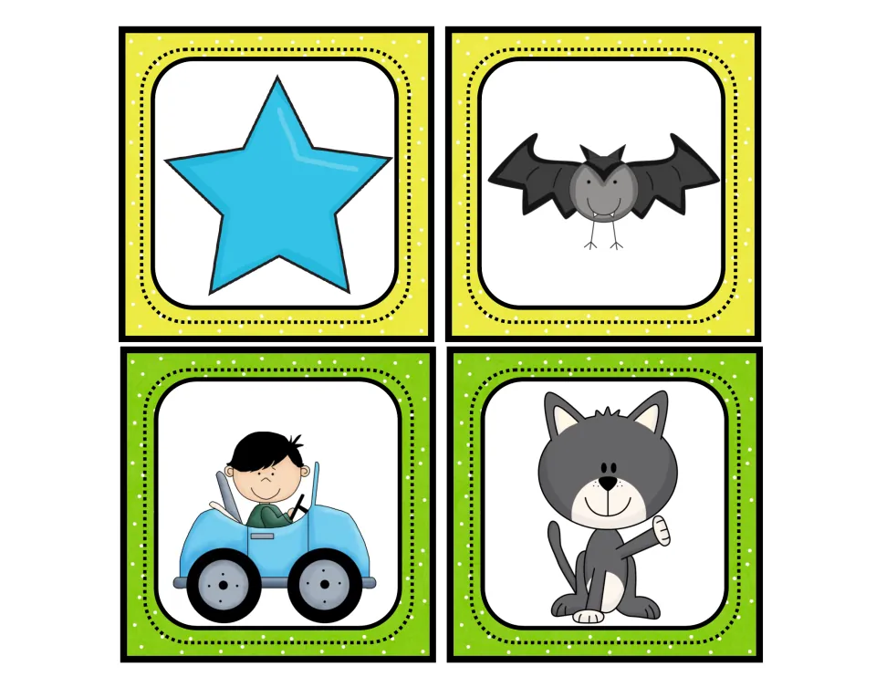 Rhyming picture cards to cut out: star, bat, car and cat, so students can sort the cards into pairs that rhyme