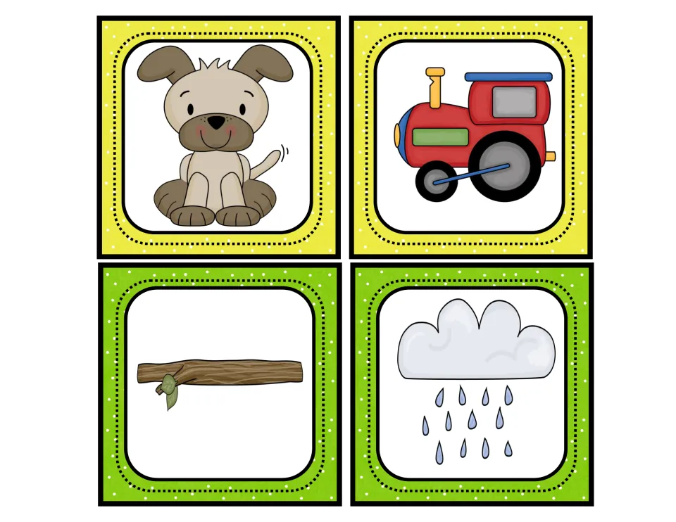 Rhyming picture cards to cut out: dog, train, log and rain cloud, for producing rhymes and matching each rhyming pair