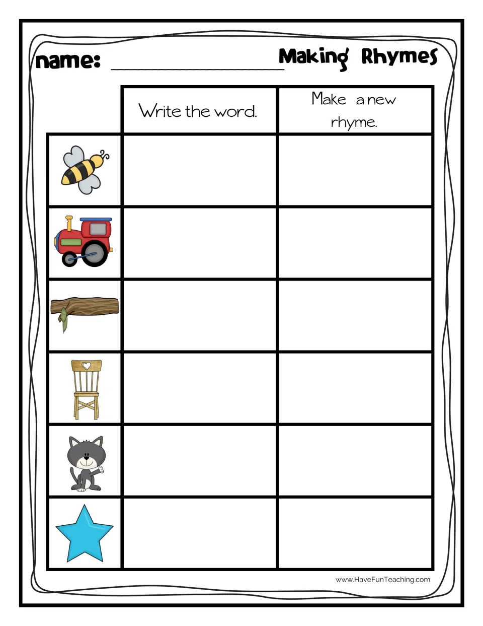 Making Rhymes: students write the word for six pictures (bee, train, log, chair, cat, star) and then write a new rhyme