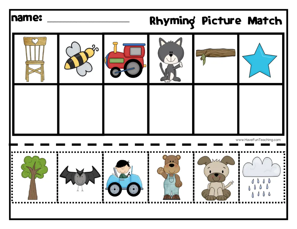 Rhyming Picture Match: students cut out tree, bat, car, bear, dog and rain pictures and glue each under its rhyming picture
