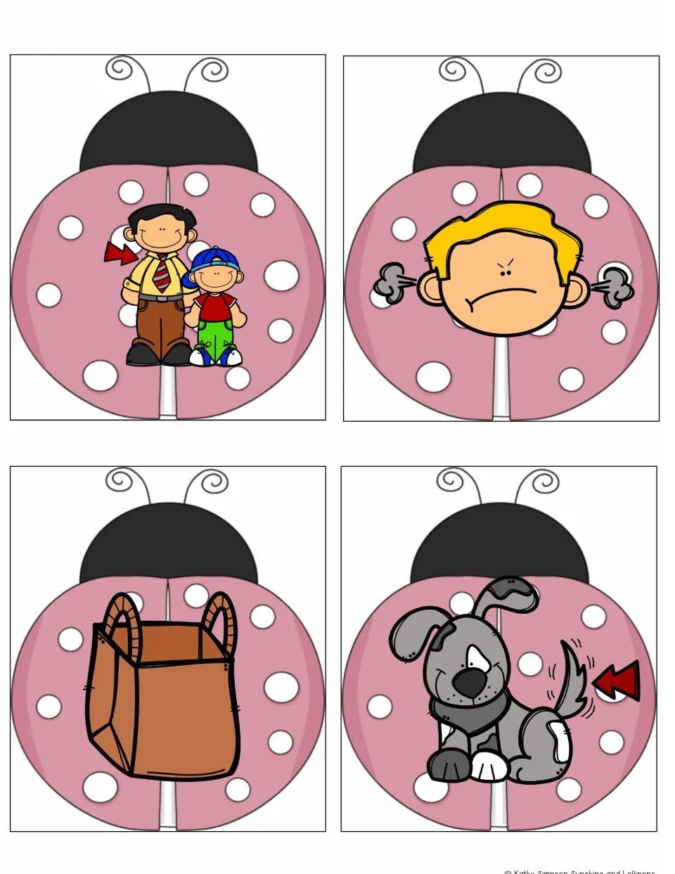 Ladybug rhyming picture cards 1–4: dad with his son, an angry boy (mad), a paper bag and a dog wagging its tail