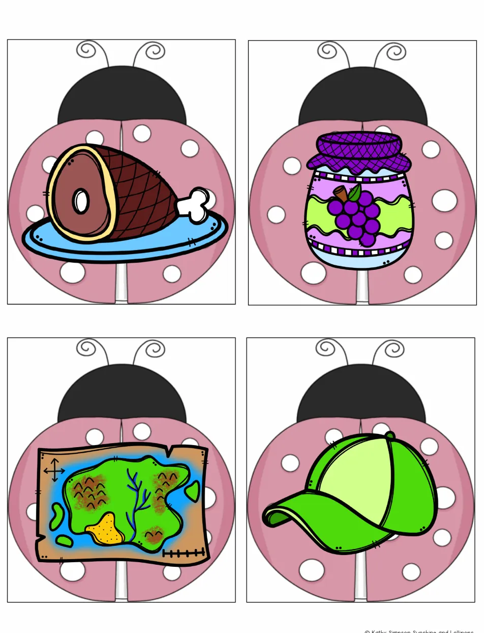 Ladybug rhyming picture cards 5–8: a ham, a jar of grape jam, a map and a green cap, two -am and two -ap words