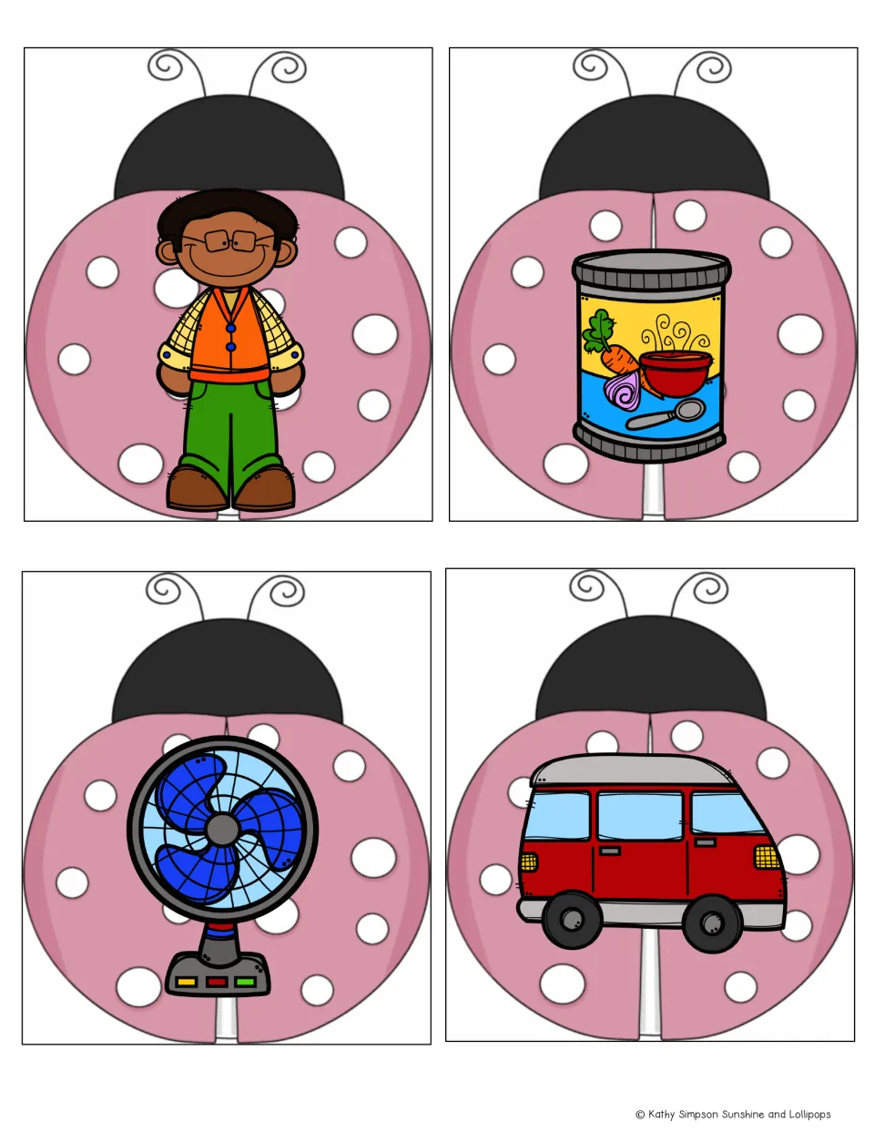 Ladybug rhyming picture cards 9–12 in the -an family: a man, a can of soup, a fan and a van