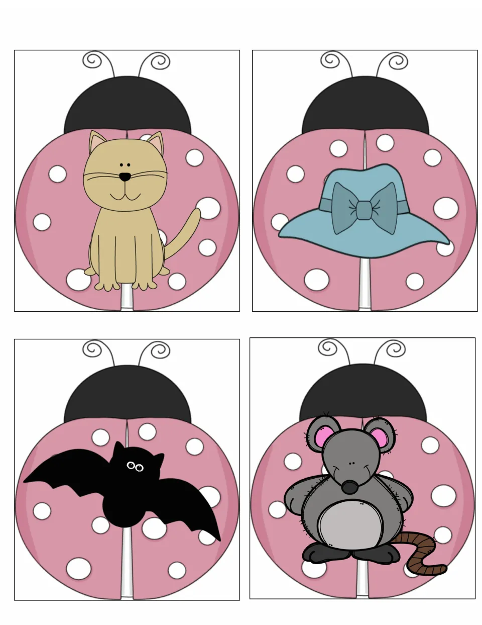 Ladybug rhyming picture cards 13–16 in the -at family: a cat, a blue hat with a bow, a bat and a rat