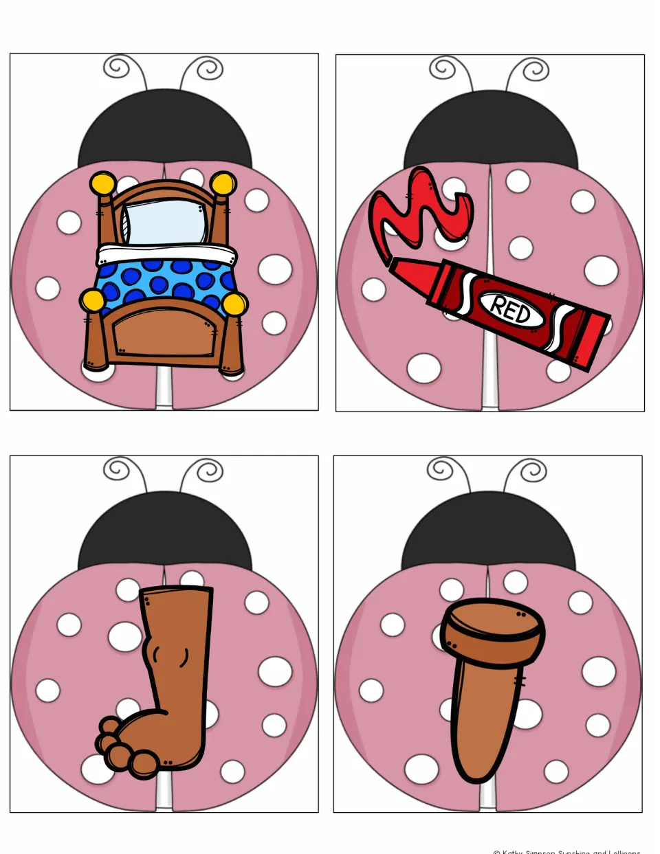 Ladybug rhyming picture cards 17–20: a bed, a red crayon, a leg and a wooden peg, -ed and -eg rhyming pairs