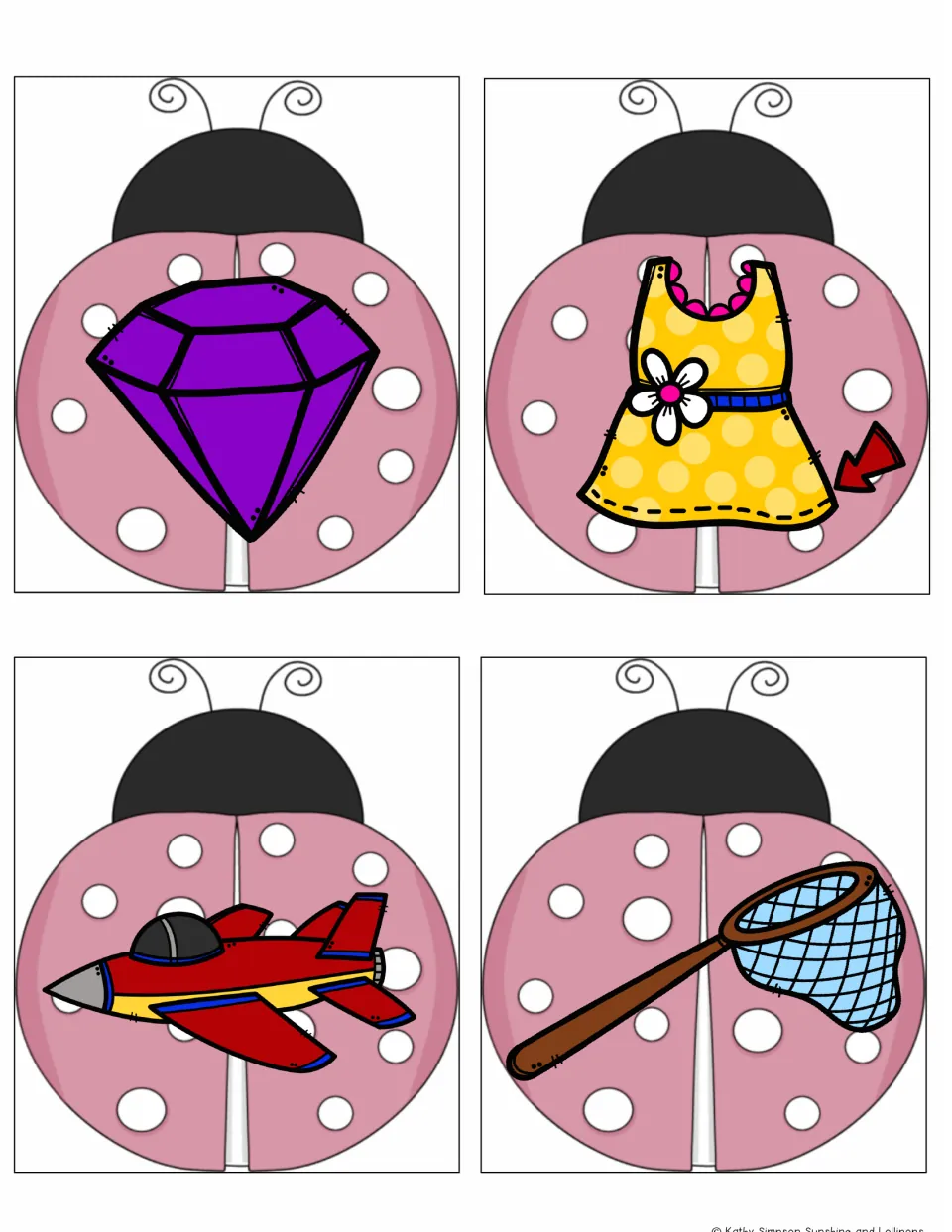 Ladybug rhyming picture cards 21–24: a purple gem, a dress hem, a jet and a net, -em and -et rhyming pairs