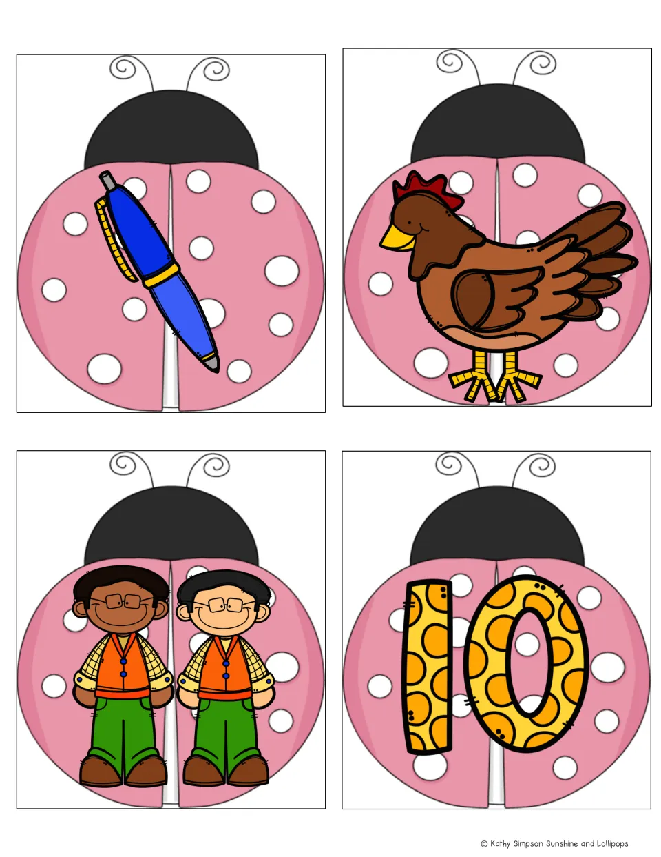 Ladybug rhyming picture cards 25–28 in the -en family: a pen, a hen, two men and the number 10