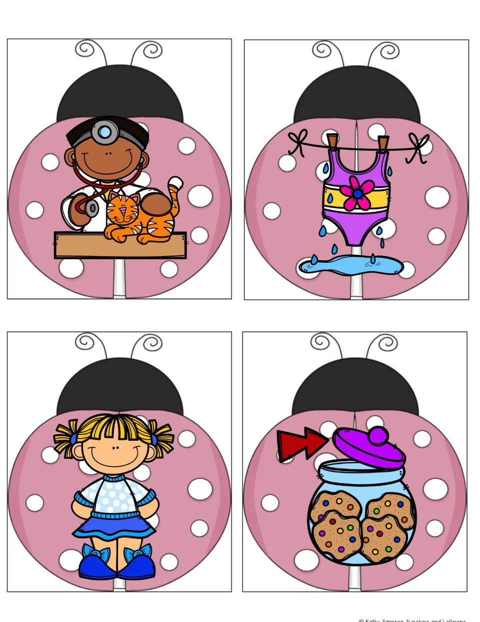 Ladybug rhyming picture cards 29–32: a vet with a cat, a wet swimsuit, a kid and a cookie jar lid