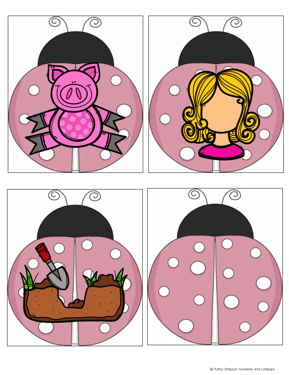 Ladybug rhyming picture cards 33–35 in the -ig family: a pig, a wig, a shovel digging (dig), plus one blank card