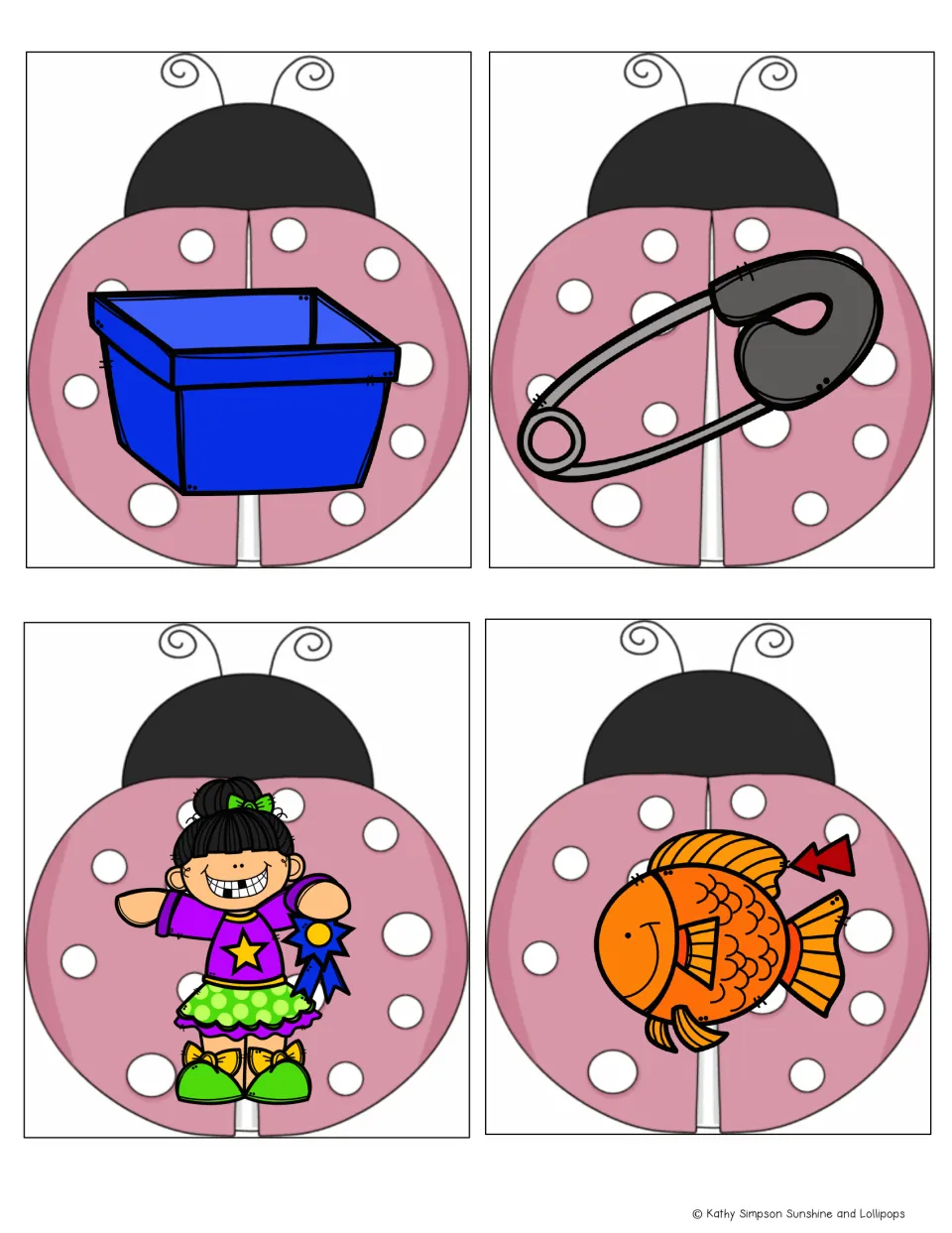 Ladybug rhyming picture cards 37–40 in the -in family: a bin, a safety pin, a girl with a ribbon (win) and a fin