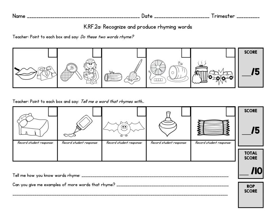 Rhyming words form 2: children judge picture pairs such as lip/rip and fan/ham, then give a rhyme for bed, bat and top