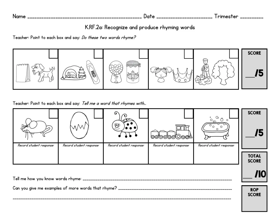 Rhyming words form 3: children judge pairs like bag/wag and frown/crown, then say a rhyme for rat, bug and train
