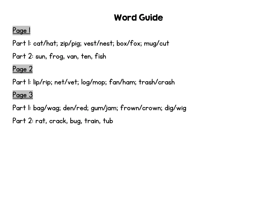 Word Guide naming the pictures on pages 1 to 3: Part 1 rhyme-check word pairs and Part 2 prompt words for the teacher