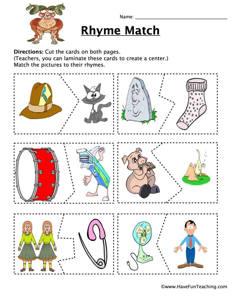 Rhyme Match: students cut out two-piece picture puzzles and join rhyming pairs such as hat and cat, rock and sock
