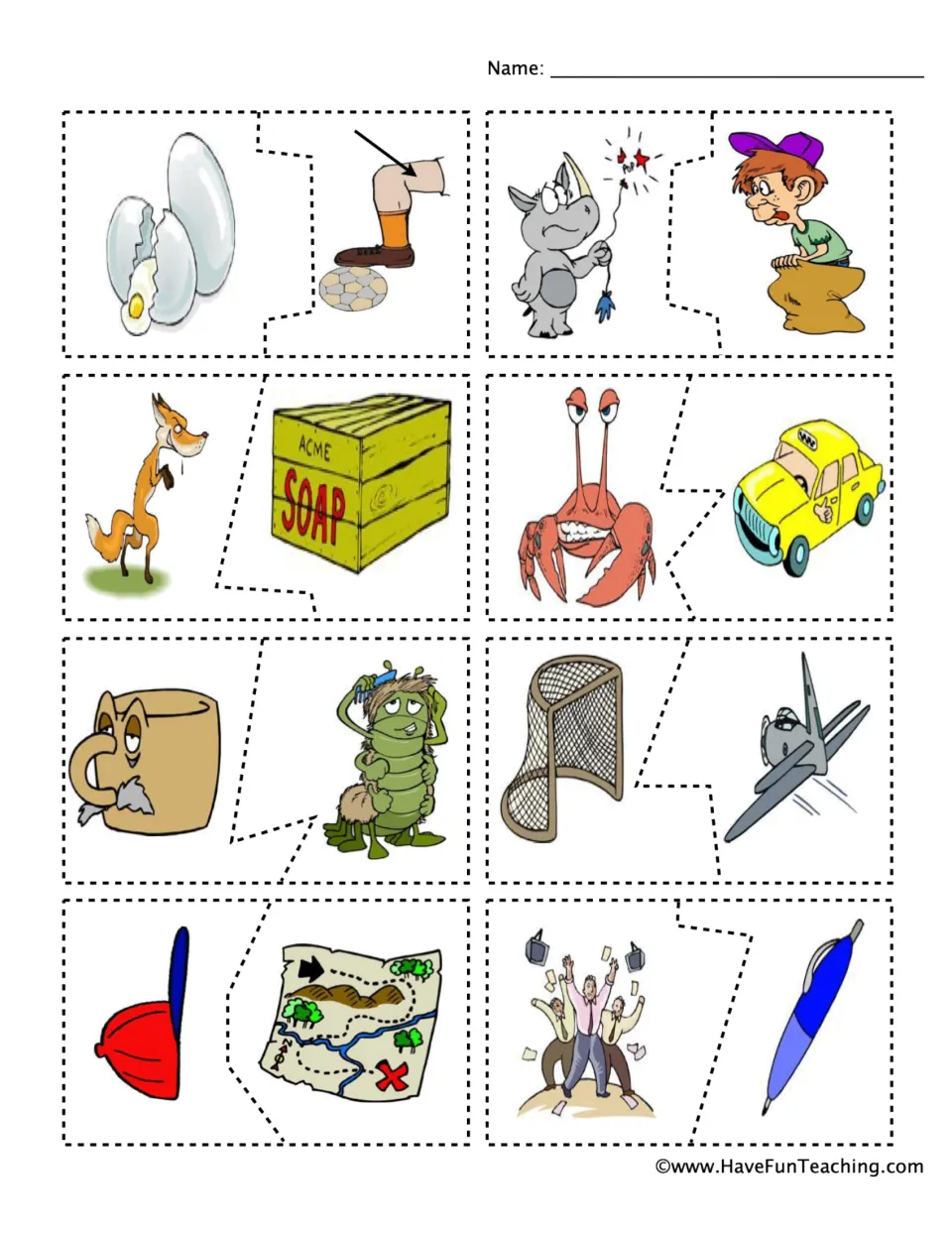 More rhyming puzzle cards to cut and match by sound, including fox and box, crab and cab, mug and bug, cap and map