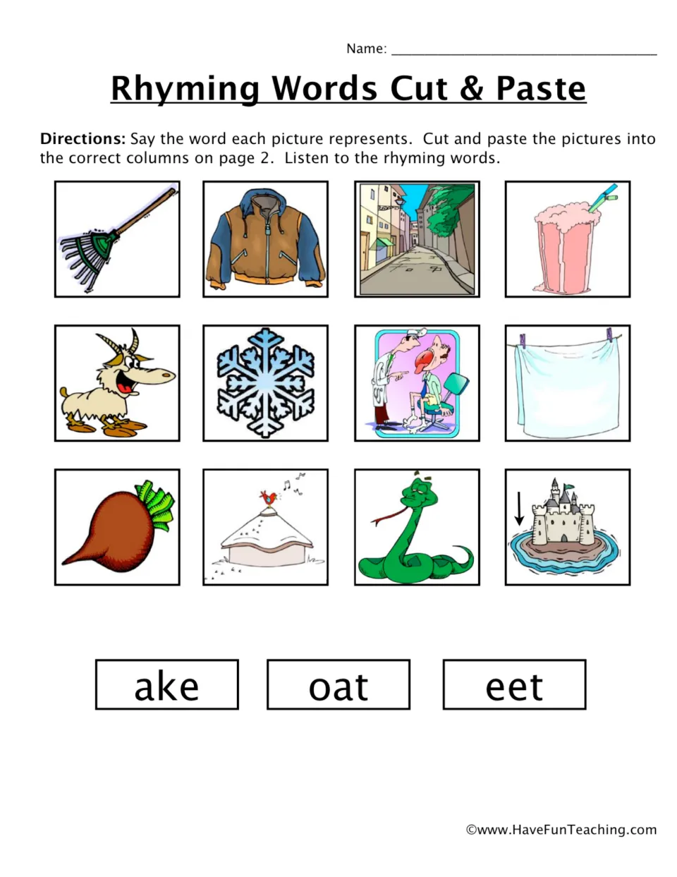 Rhyming -ake, -oat, -eet: students say the name of 12 pictures such as rake, goat and beet, then cut them out to sort