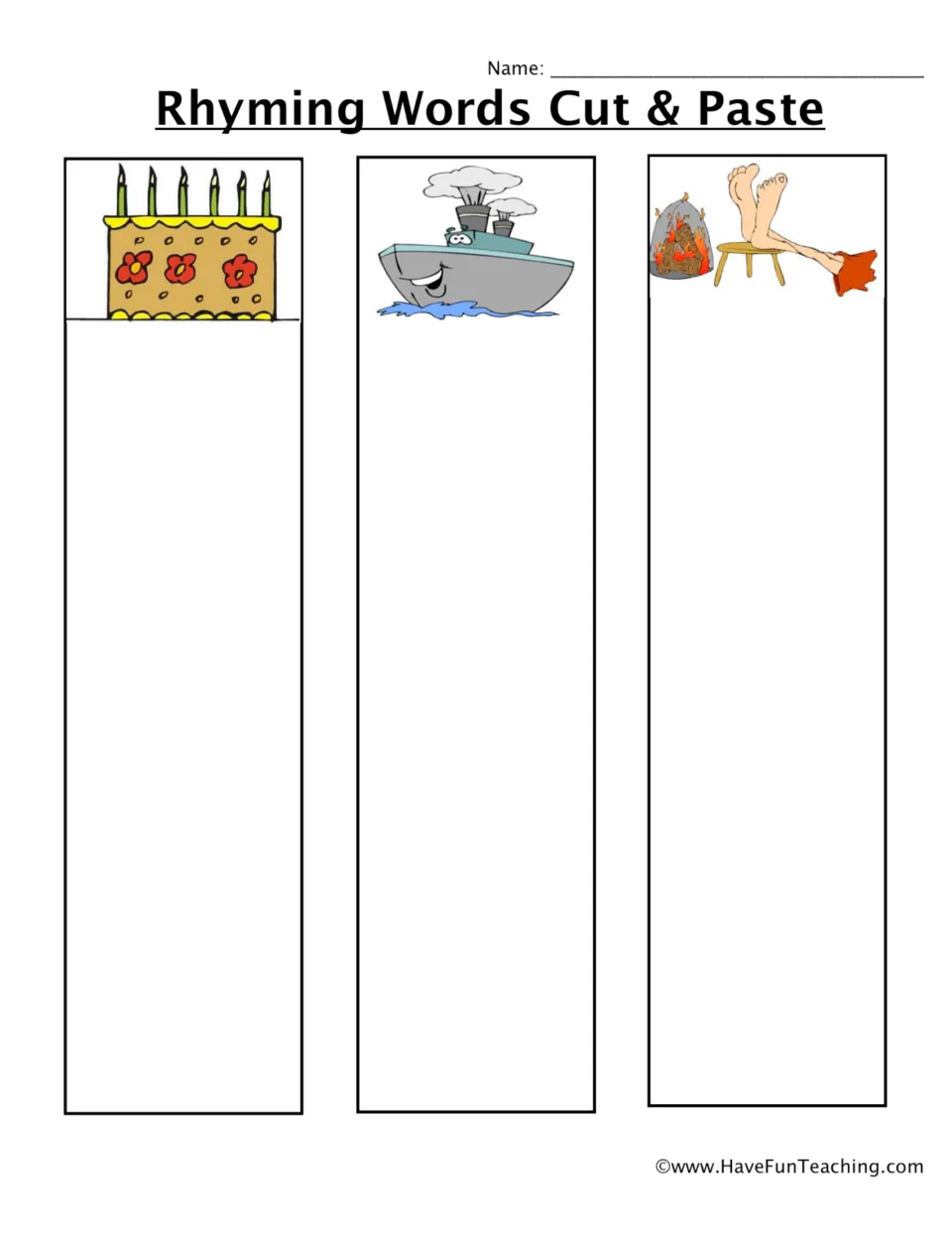 Rhyme sorting mat: students paste picture cards under the cake, boat and feet headers to group -ake, -oat and -eet words