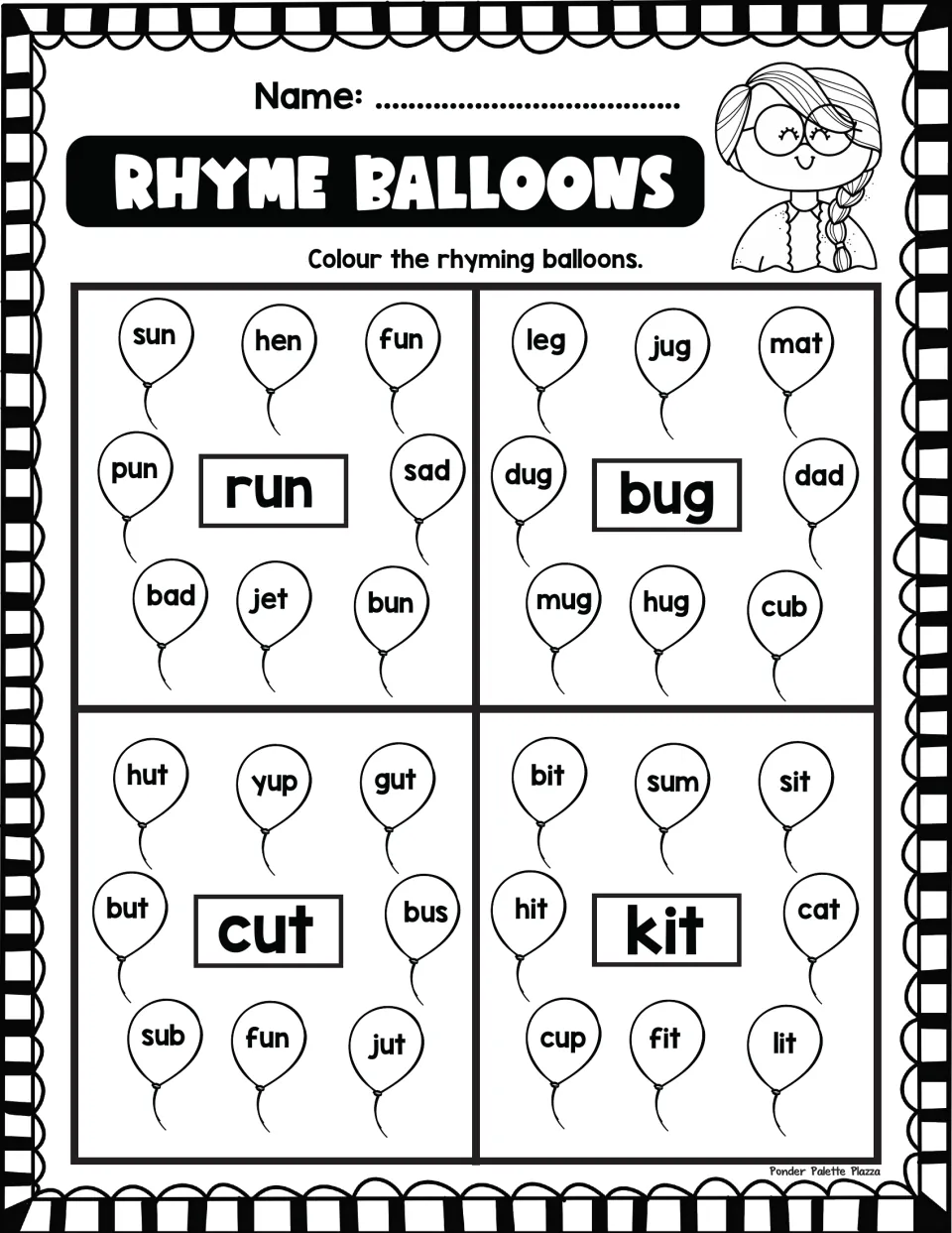 Rhyme Balloons: students colour the balloons whose words rhyme with run, bug, cut and kit to practise -un, -ug, -ut, -it