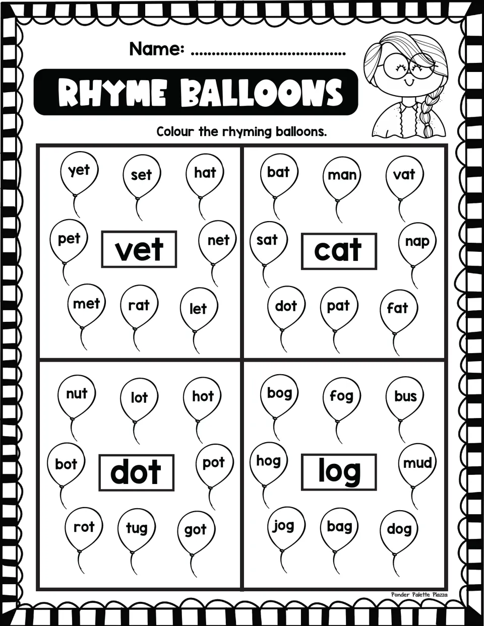 Rhyme Balloons: students colour balloons that rhyme with vet, cat, dot and log, skipping non-rhymes like rat and bus