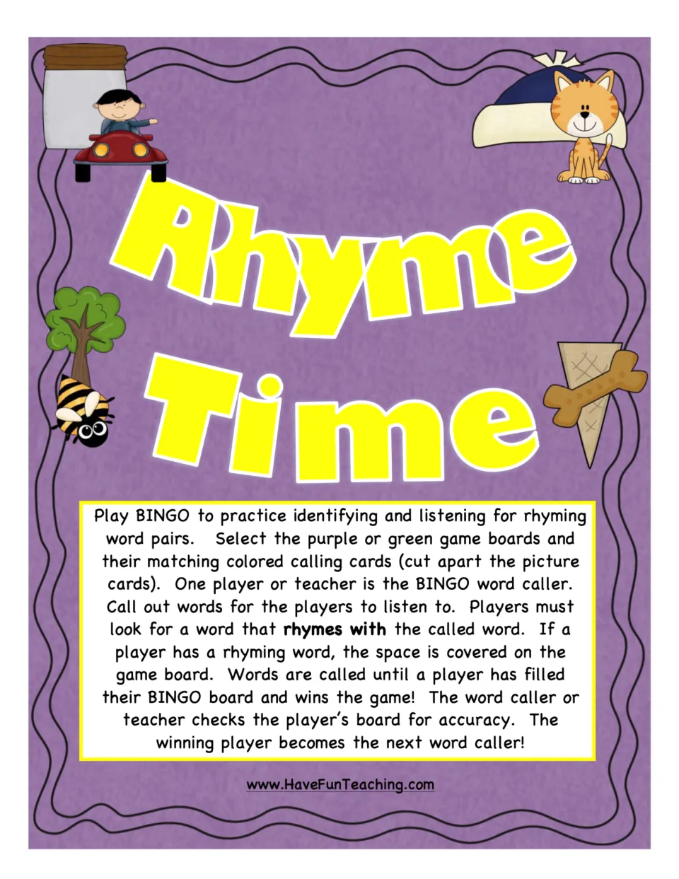 Rhyme Time cover with game directions: a caller says a word and players cover a picture that rhymes with it to get BINGO