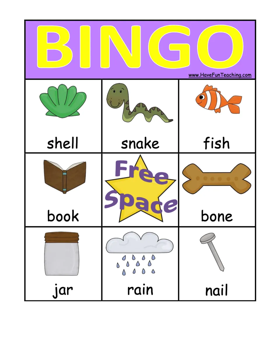 Purple rhyming BINGO board: players listen for rhymes with shell, snake, fish, book, bone, jar, rain and nail