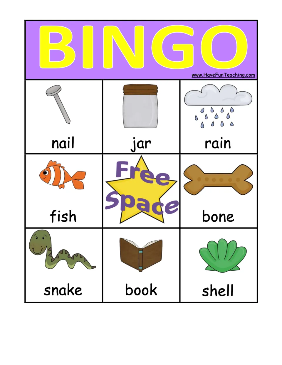 Purple BINGO board with nail, jar, rain, fish, bone, snake, book and shell pictures for matching rhymes to called words