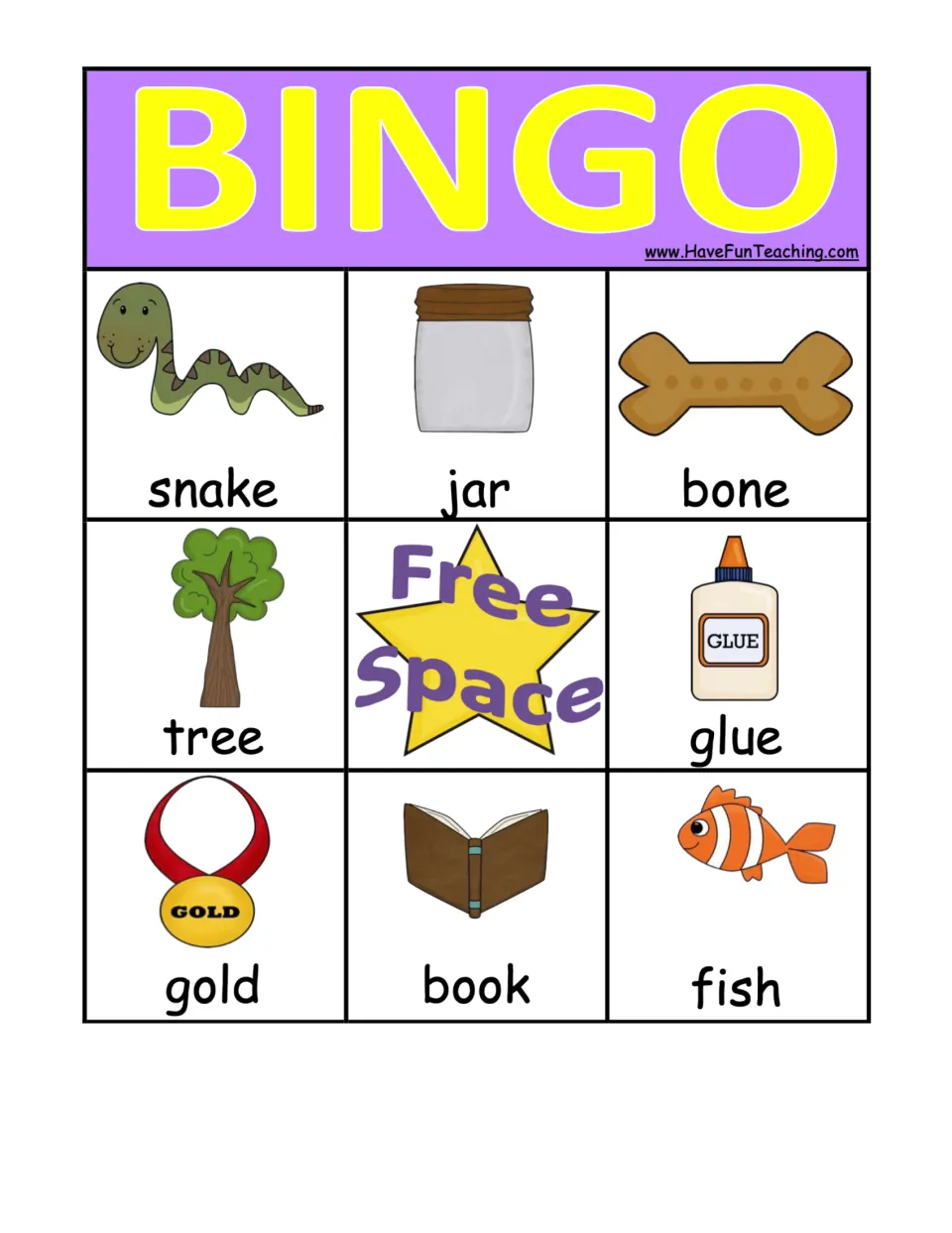 Rhyming BINGO card with snake, jar, bone, tree, glue, gold, book and fish pictures; players cover the one that rhymes