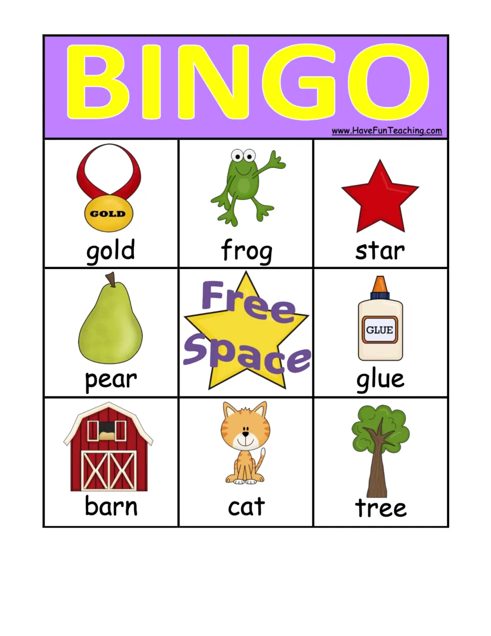 Purple BINGO board picturing gold, frog, star, pear, glue, barn, cat and tree; students listen for rhyming calls