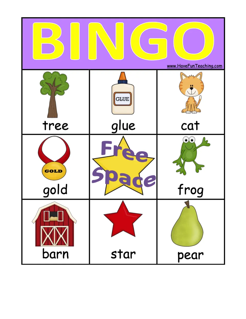 Rhyme-listening BINGO board with tree, glue, cat, gold, frog, barn, star and pear pictures set around a star free space