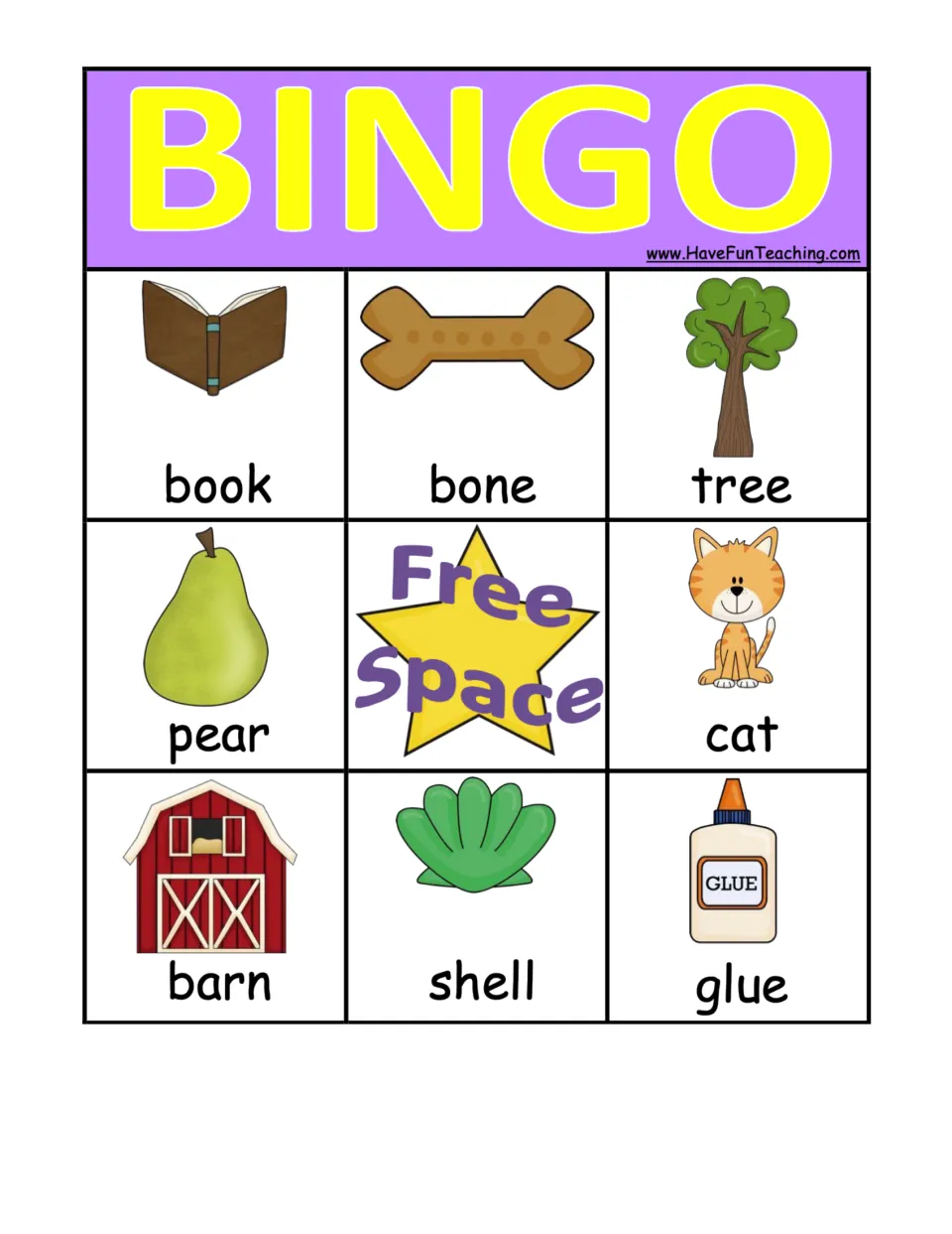 Purple BINGO board showing book, bone, tree, pear, cat, barn, shell and glue to cover when a rhyming word is called