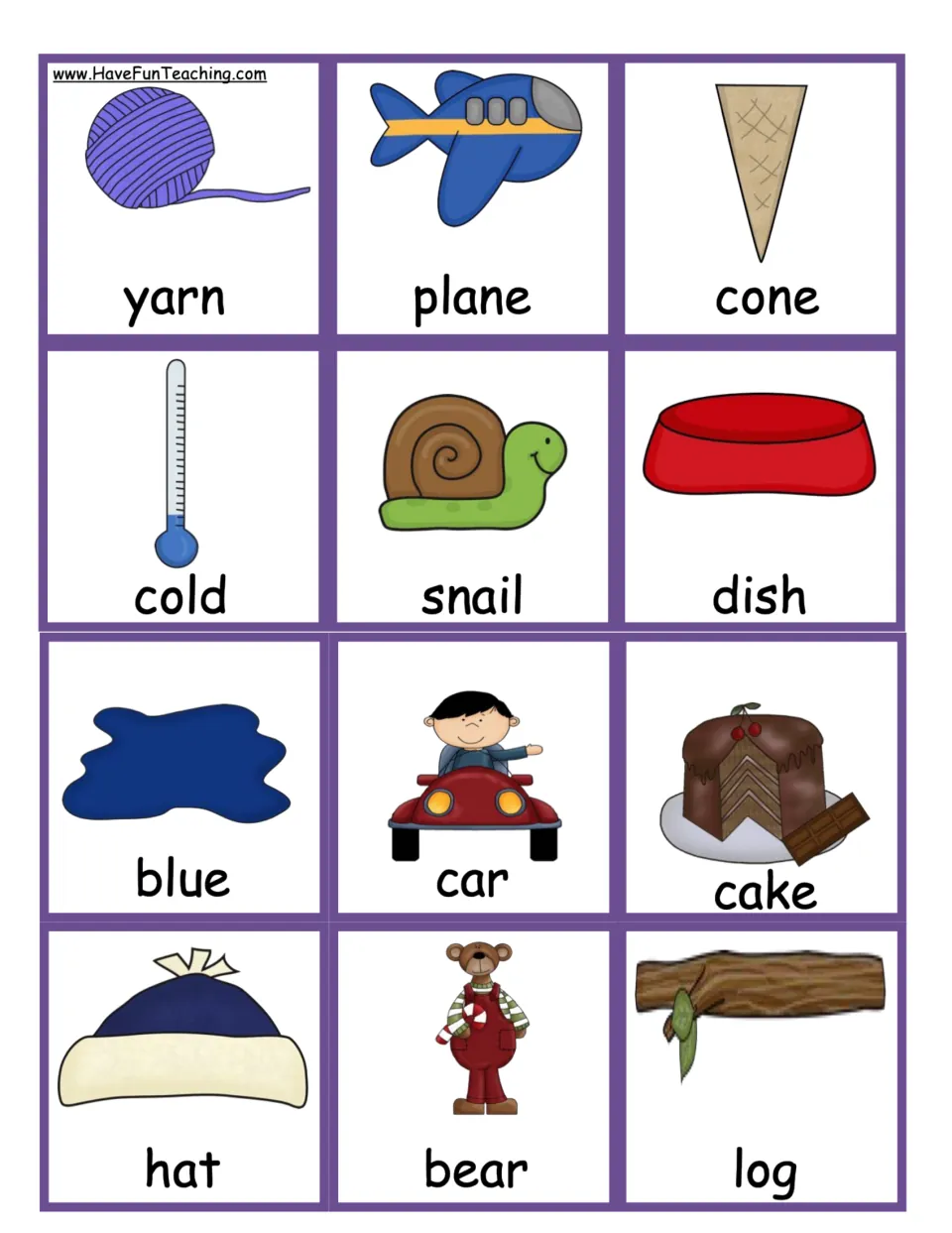 Calling cards to cut apart: yarn, plane, cone, cold, snail, dish, blue, car, cake, hat, bear and log, each with a picture