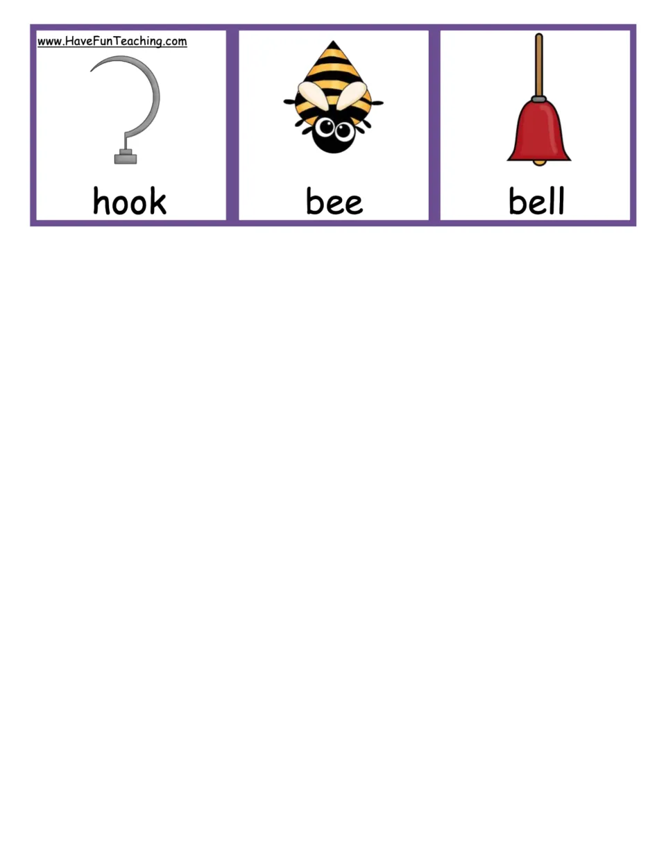 Last three picture calling cards, hook, bee and bell, for the caller to read aloud so players find a rhyming word