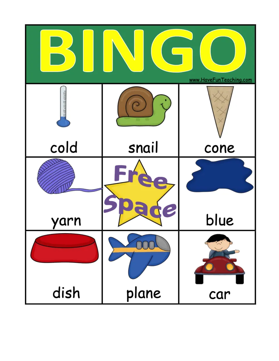 Green BINGO board with cold, snail, cone, yarn, blue, dish, plane and car pictures; players cover rhymes as words are called
