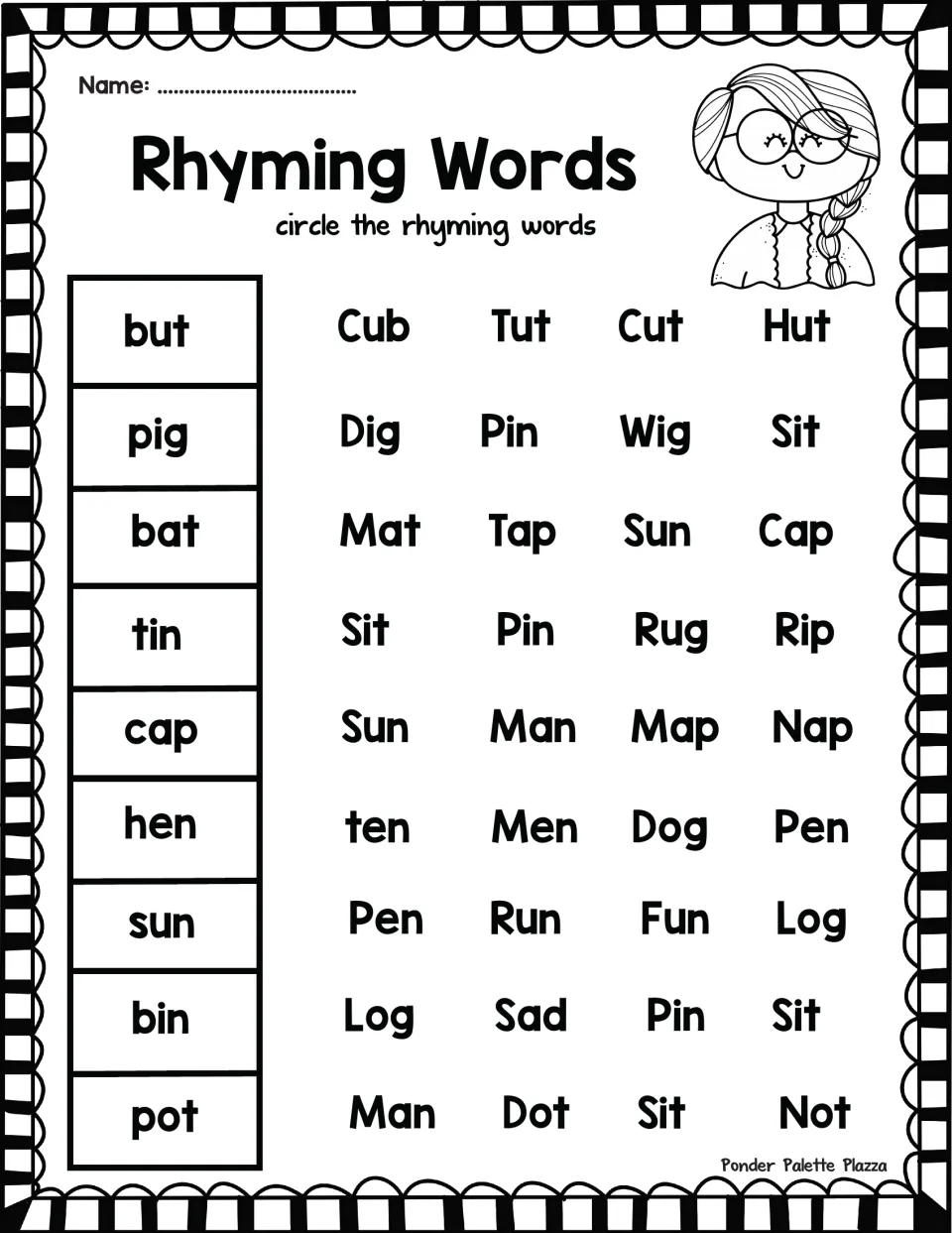 Rhyming words set 2: students circle every rhyme for 9 short-vowel words, including but, pig, cap, hen, sun and pot