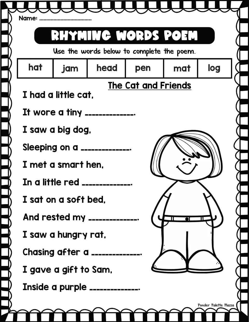 The Cat and Friends poem: students complete six couplets about a cat, dog, hen and rat using a six-word bank