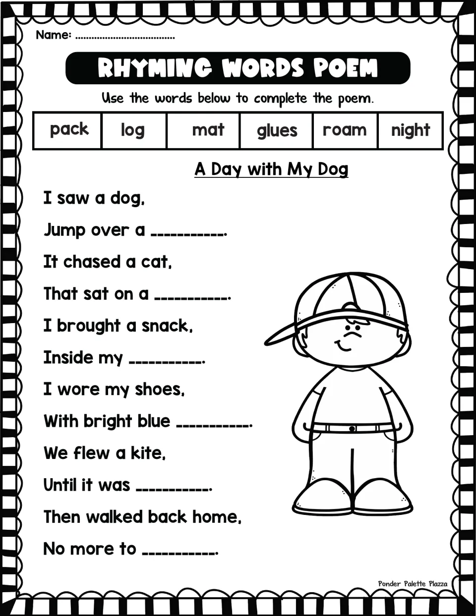 A Day with My Dog poem: students use pack, log, mat, glues, roam and night to finish rhymes about a dog and kite
