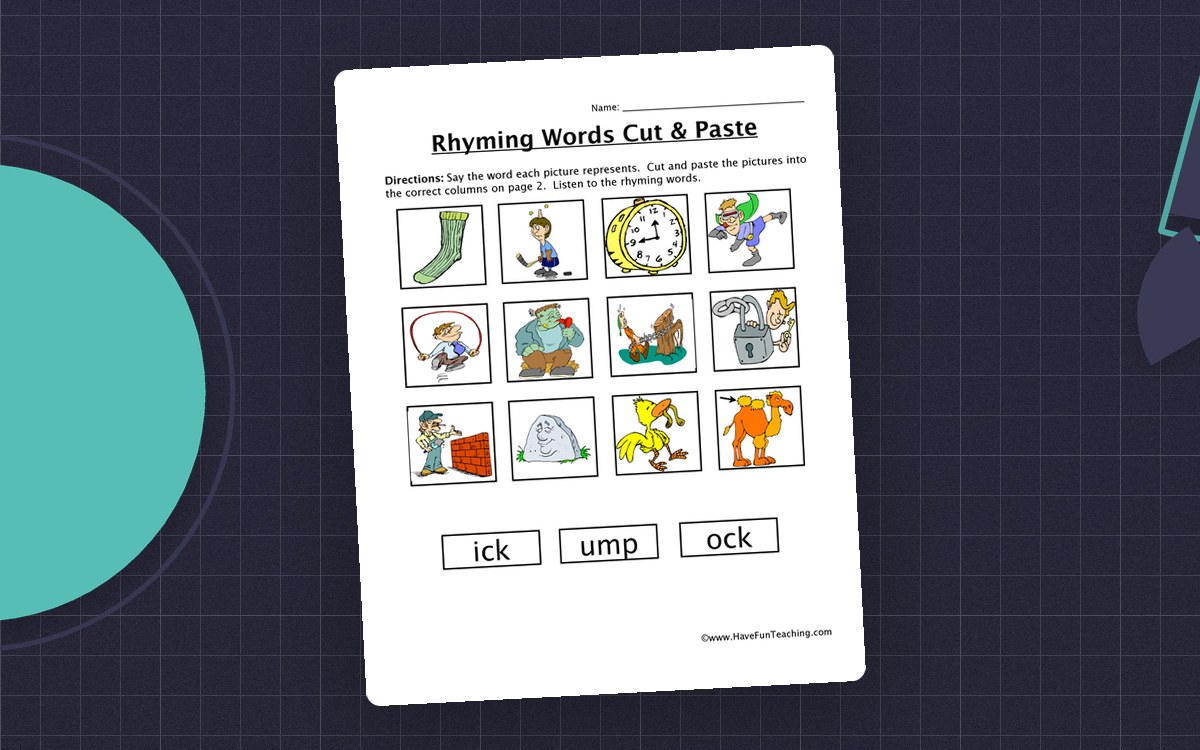 Rhyming Words -ick, -ock, -ump Cut and Paste Worksheet teaching resource preview