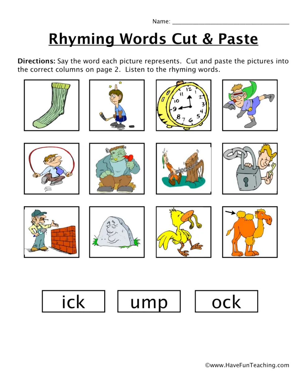Rhyming -ick, -ump and -ock: students name 12 pictures like sock, clock and brick, then cut them out to sort by ending