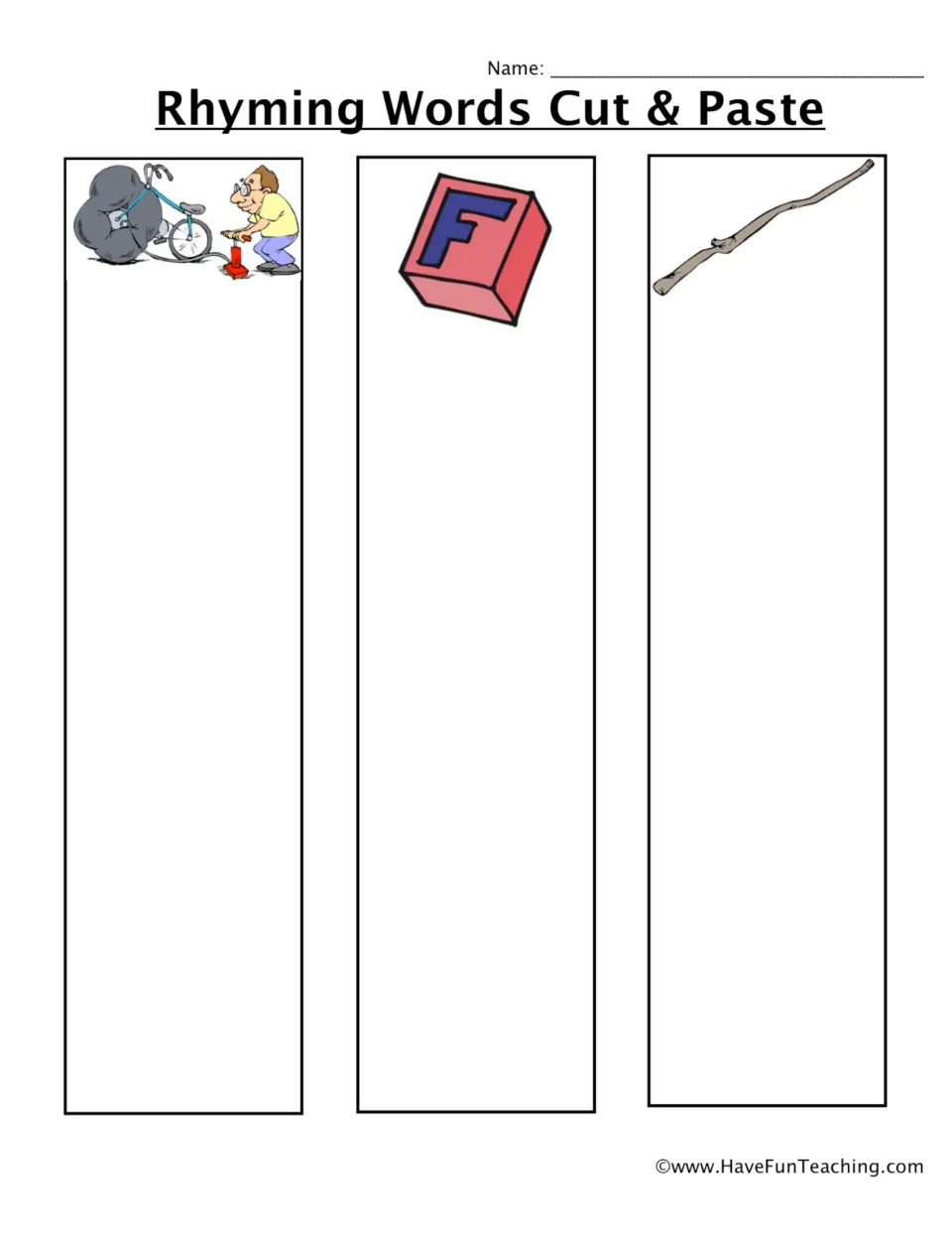 Word-family sorting mat headed by pump, block and stick pictures where students glue each cut-out under its rhyme